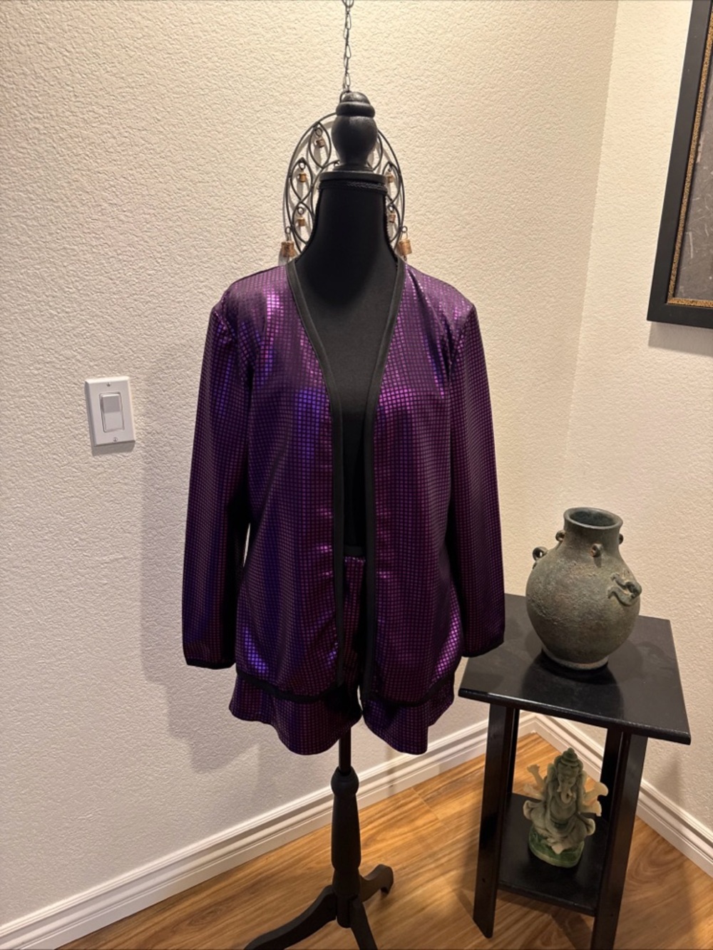Women's Purple Shimmering Open-Front Blazer Jacket With Matching Shorts